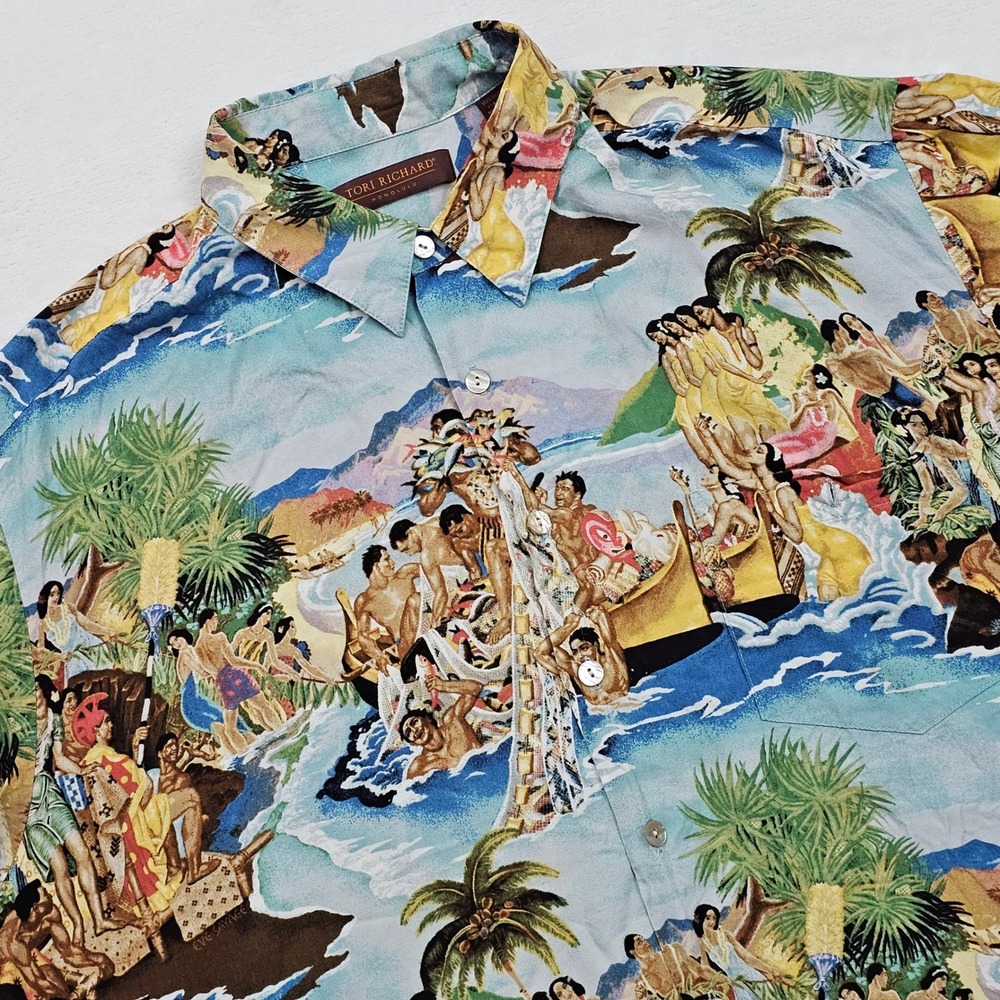 Tori Richard Button Up Mens XL Scenic Hawaiian Print Vacation Aloha Tiki READ